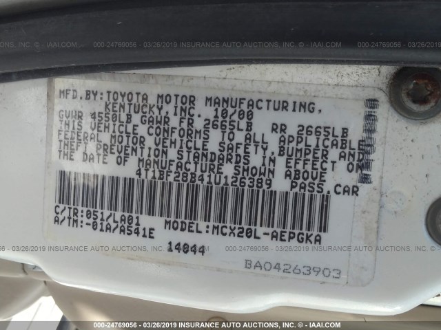 4T1BF28B41U126389 - 2001 TOYOTA AVALON XL/XLS WHITE photo 9