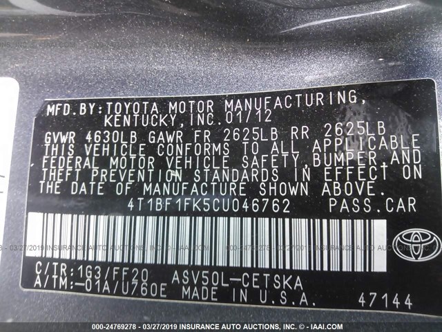 4T1BF1FK5CU046762 - 2012 TOYOTA CAMRY SE/LE/XLE GRAY photo 9