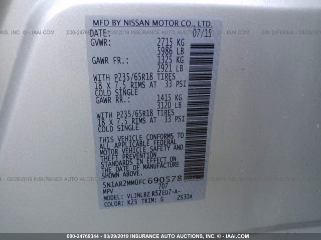 5N1AR2MM0FC690578 - 2015 NISSAN PATHFINDER S/SV/SL/PLATINUM SILVER photo 9
