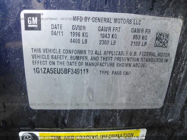 1G1ZA5EU5BF349113 - 2011 CHEVROLET MALIBU LS Navy photo 9