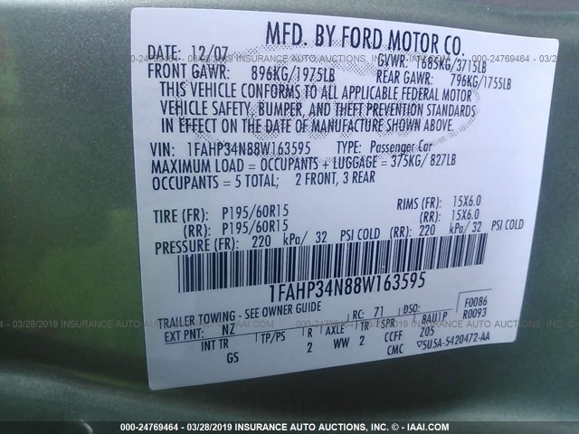 1FAHP34N88W163595 - 2008 FORD FOCUS S/SE GREEN photo 9