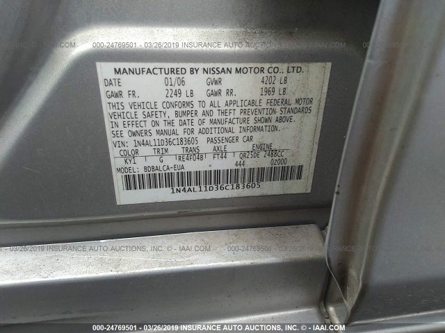 1N4AL11D36C183605 - 2006 NISSAN ALTIMA S/SL SILVER photo 9