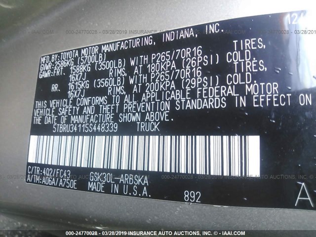 5TBRU34115S448339 - 2005 TOYOTA TUNDRA ACCESS CAB SR5 BEIGE photo 9