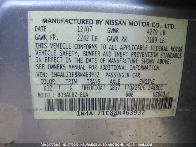 1N4AL21E88N463932 - 2008 NISSAN ALTIMA 2.5/2.5S SILVER photo 9