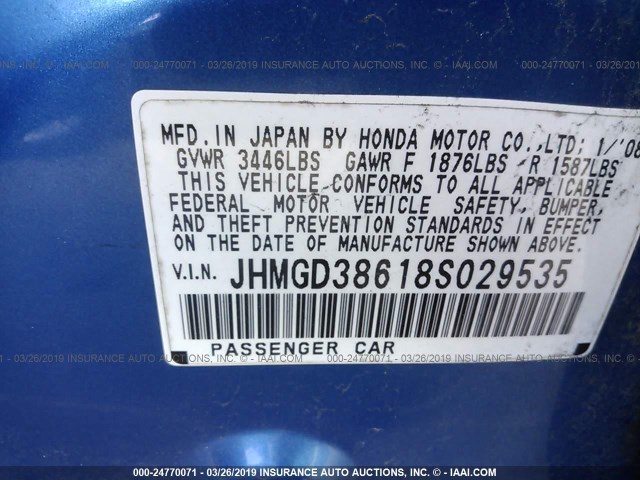 JHMGD38618S029535 - 2008 HONDA FIT SPORT BLUE photo 9