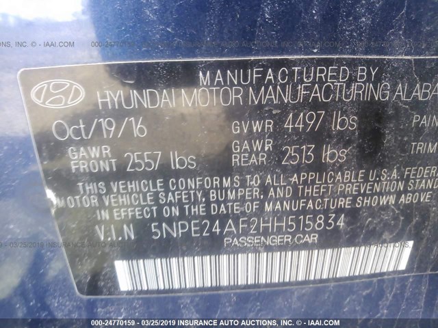 5NPE24AF2HH515834 - 2017 HYUNDAI SONATA SE BLUE photo 9