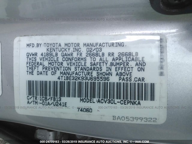 4T1BE32K93U695596 - 2003 TOYOTA CAMRY LE/XLE/SE SILVER photo 9