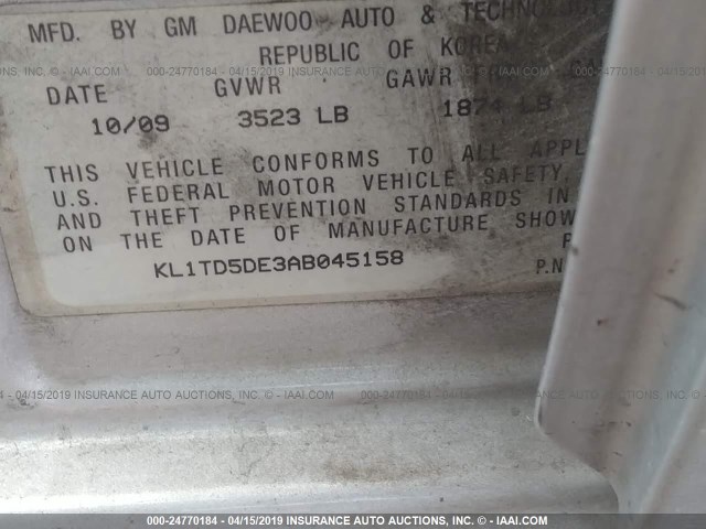 KL1TD5DE3AB045158 - 2010 CHEVROLET AVEO LS/LT Gümüş foto 9