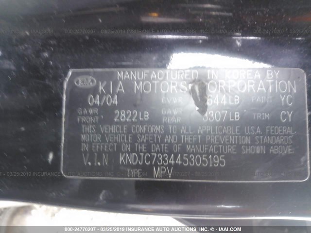 KNDJC733445305195 - 2004 KIA SORENTO EX/LX BLACK photo 9