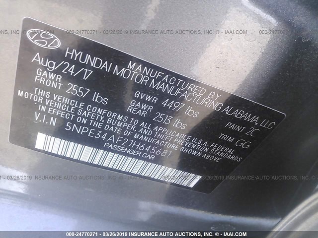 5NPE34AF2JH645681 - 2018 HYUNDAI SONATA SPORT/LIMITED GRAY photo 9