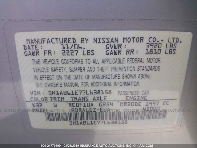 3N1AB61E77L638158 - 2007 NISSAN SENTRA 2.0/2.0S/2.0SL Champagne photo 9