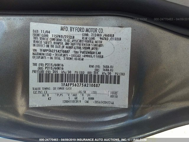 1FAFP56275A210887 - 2005 FORD TAURUS SEL GRAY photo 9