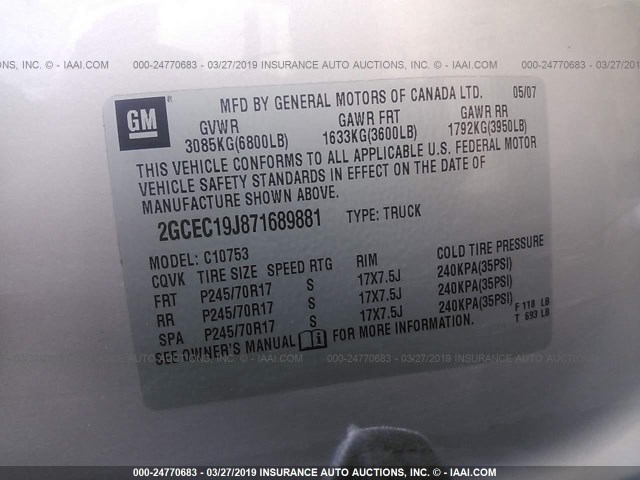 2GCEC19J871689881 - 2007 CHEVROLET SILVERADO C1500 SILVER photo 9