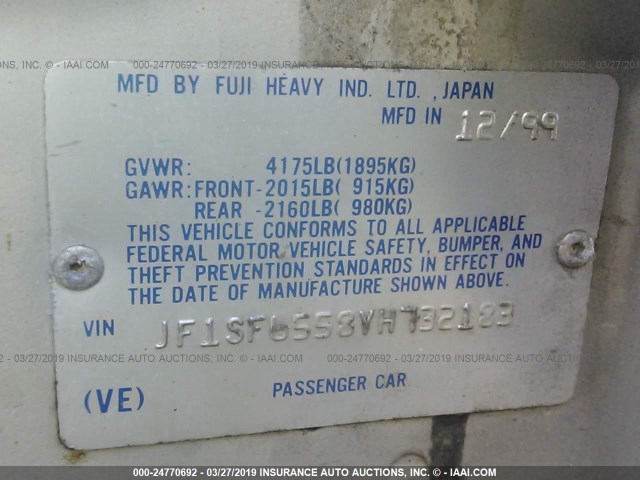 JF1SF6558YH732183 - 2000 SUBARU FORESTER S SILVER photo 9