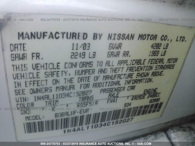 1N4AL11D34C152027 - 2004 NISSAN ALTIMA S/SL WHITE photo 9