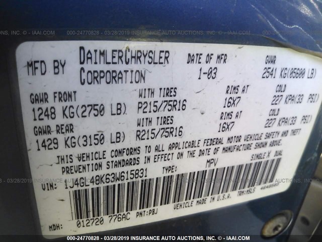 1J4GL48K63W615831 - 2003 JEEP LIBERTY SPORT/FREEDOM ლურჯი ფოტო 9