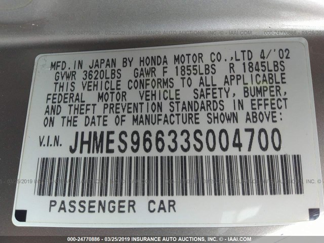 JHMES96633S004700 - 2003 HONDA CIVIC HYBRID GOLD photo 9