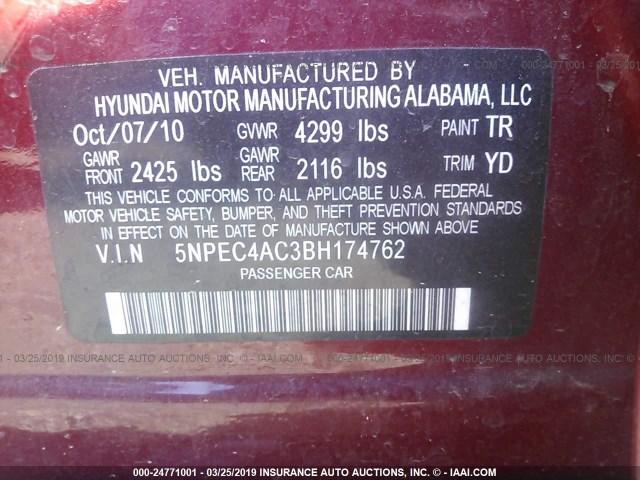 5NPEC4AC3BH174762 - 2011 HYUNDAI SONATA SE/LIMITED RED photo 9