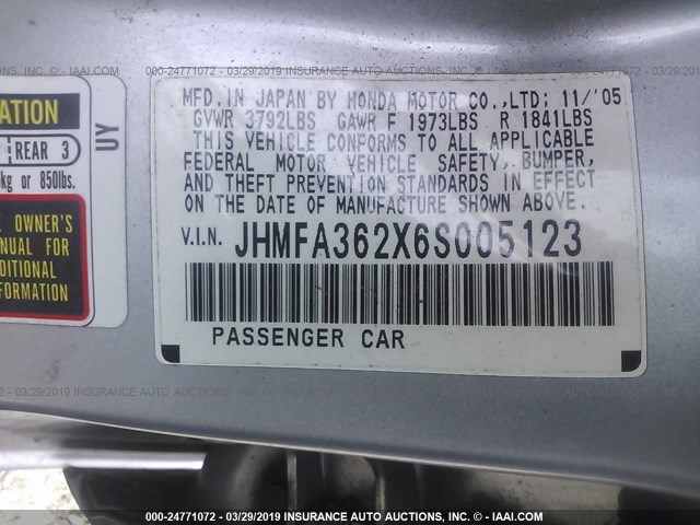 JHMFA362X6S005123 - 2006 HONDA CIVIC HYBRID SILVER photo 9