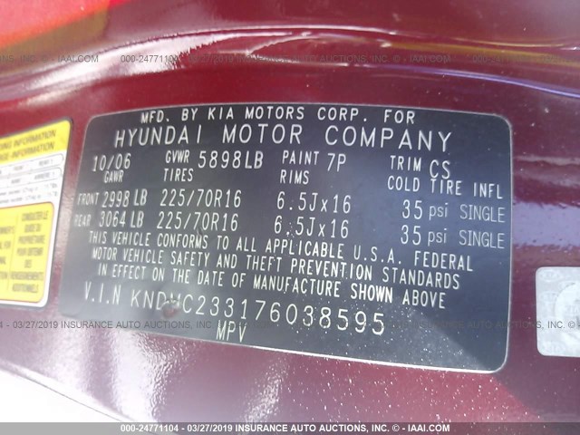 KNDMC233176038595 - 2007 HYUNDAI ENTOURAGE GLS/SE/LIMITED RED photo 9