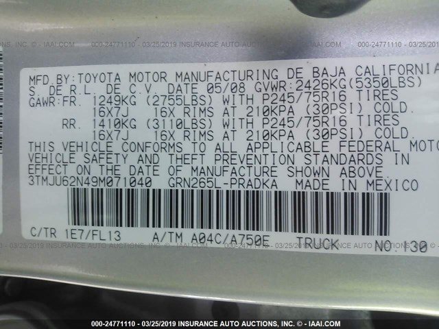 3TMJU62N49M071040 - 2009 TOYOTA TACOMA DOUBLE CAB PRERUNNER SILVER photo 9