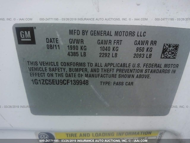 1G1ZC5EU9CF139948 - 2012 CHEVROLET MALIBU 1LT 白色 照片 9