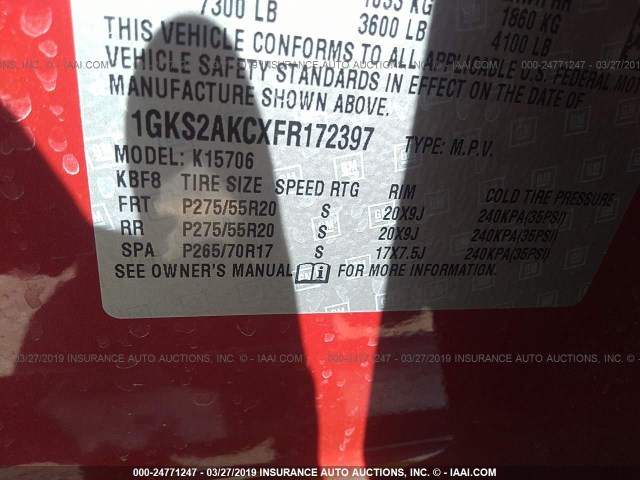 1GKS2AKCXFR172397 - 2015 GMC YUKON SLE RED photo 9