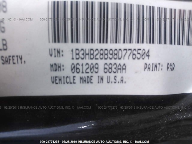 1B3HB28B98D776504 - 2008 DODGE CALIBER BLACK photo 9