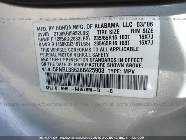 5FNRL38626B425903 - 2006 HONDA ODYSSEY EXL GRAY photo 9