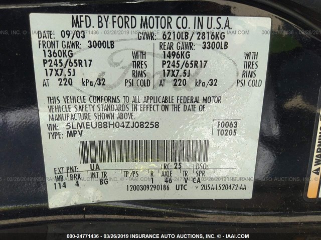 5LMEU88H04ZJ08258 - 2004 LINCOLN AVIATOR 黑色 照片 9