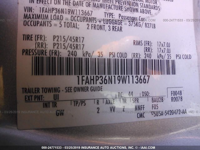 1FAHP36N19W113667 - 2009 FORD FOCUS SES SILVER photo 9