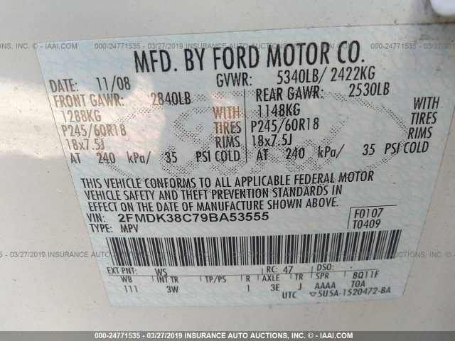 2FMDK38C79BA53555 - 2009 FORD EDGE SEL WHITE photo 9