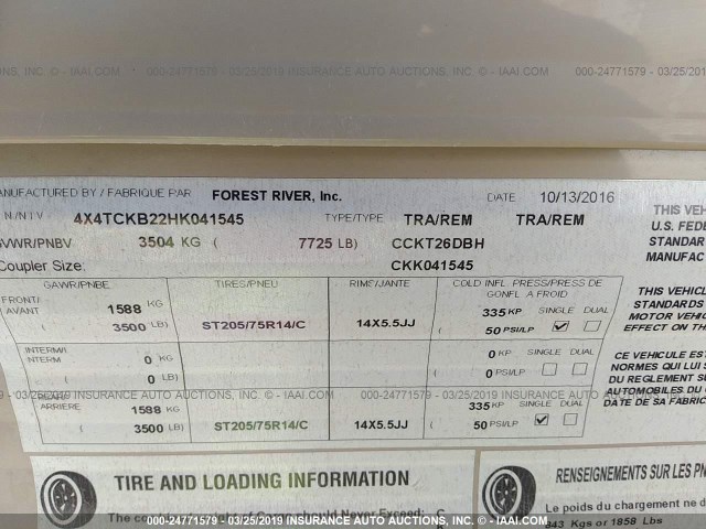 4X4TCKB22HK041545 - 2017 FOREST RIVER GREY WOLF  未知 照片 9