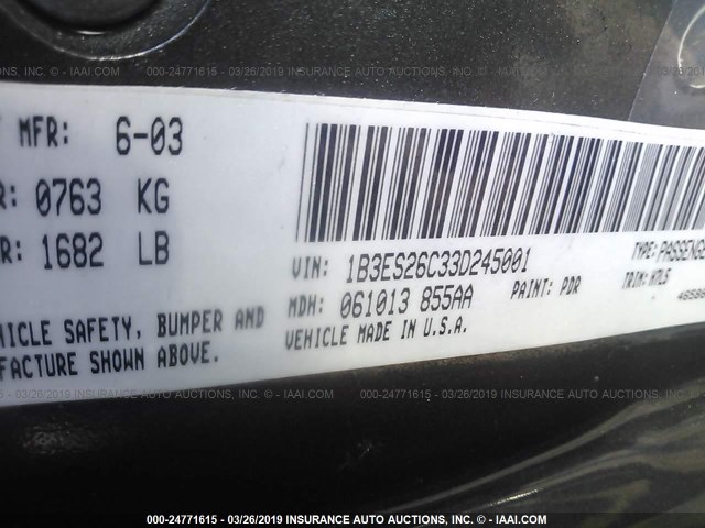 1B3ES26C33D245001 - 2003 DODGE NEON SE GRAY photo 9