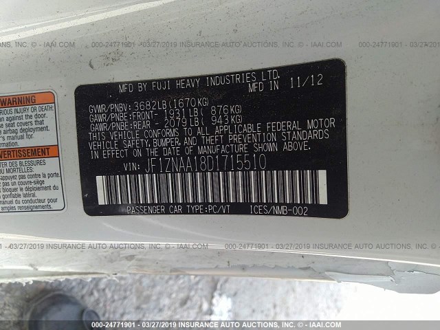 JF1ZNAA18D1715510 - 2013 TOYOTA SCION FR-S WHITE photo 9