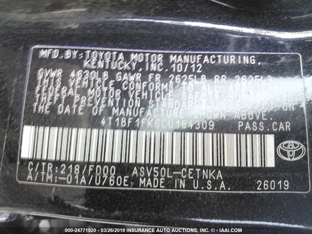 4T1BF1FK6CU184309 - 2012 TOYOTA CAMRY SE/LE/XLE BLACK photo 9