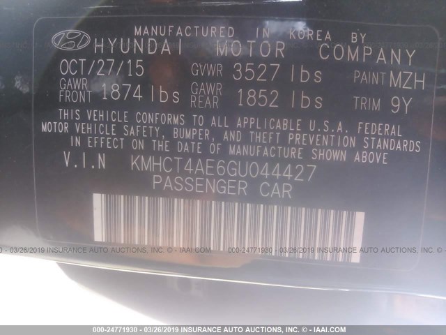 KMHCT4AE6GU044427 - 2016 HYUNDAI ACCENT SE BLACK photo 9