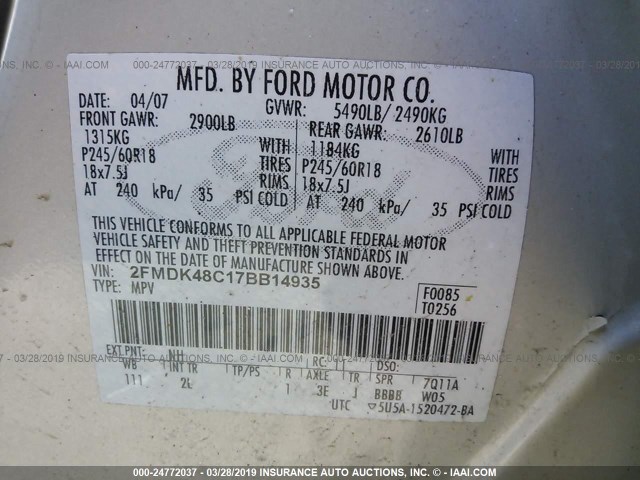 2FMDK48C17BB14935 - 2007 FORD EDGE SEL WHITE photo 9