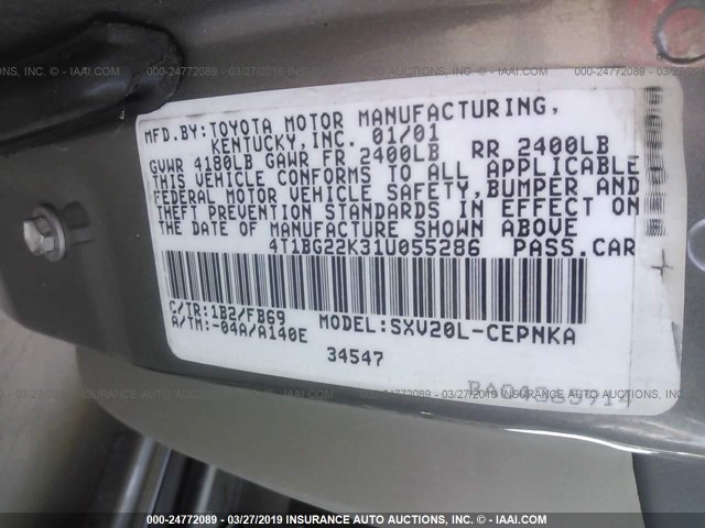 4T1BG22K31U055286 - 2001 TOYOTA CAMRY CE/LE/XLE 金色 照片 9