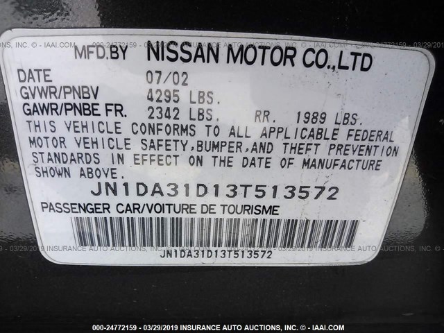 JN1DA31D13T513572 - 2003 NISSAN MAXIMA GLE/GXE/SE GRAY photo 9