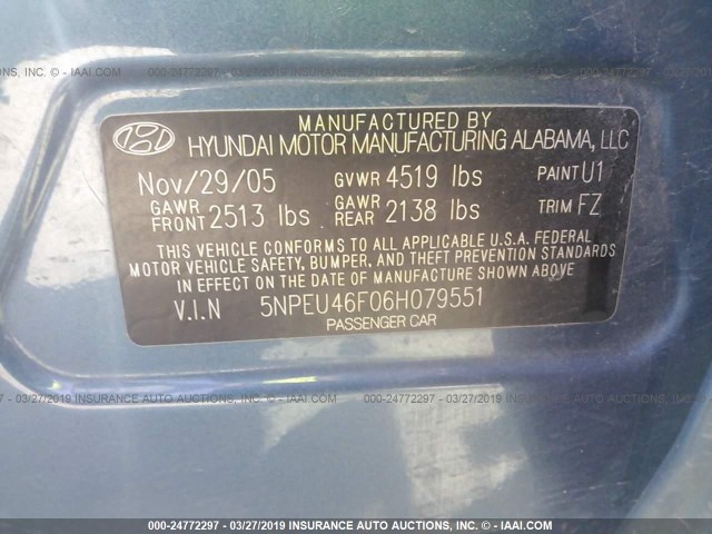 5NPEU46F06H079551 - 2006 HYUNDAI SONATA GLS/LX BLUE photo 9