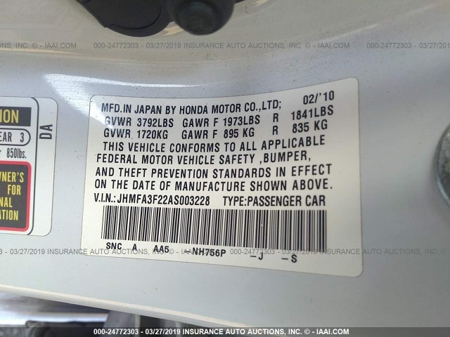 JHMFA3F22AS003228 - 2010 HONDA CIVIC HYBRID WHITE photo 9