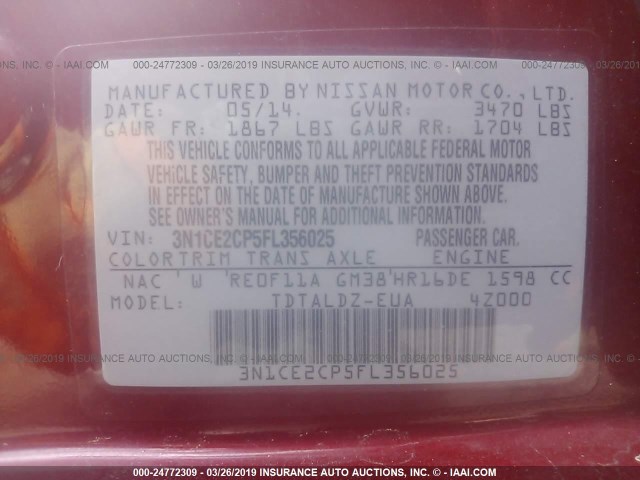 3N1CE2CP5FL356025 - 2015 NISSAN VERSA NOTE S/S PLUS/SV/SL/SR RED photo 9