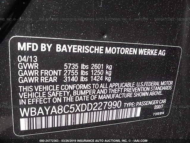 WBAYA8C5XDD227990 - 2013 BMW 750 I GRAY photo 9