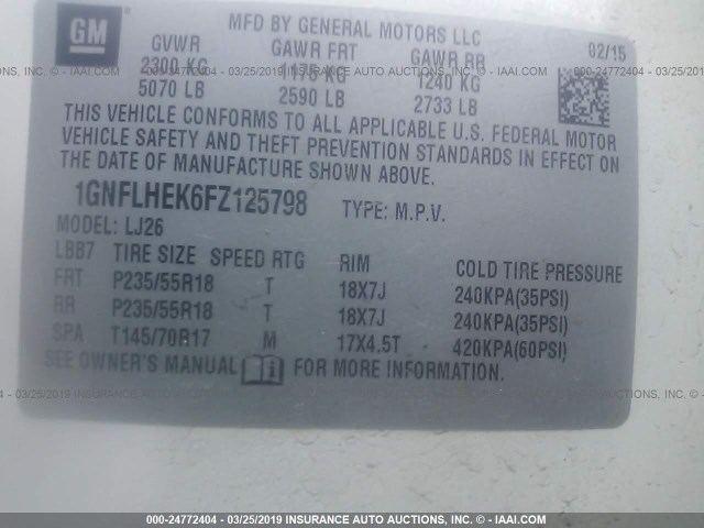 1GNFLHEK6FZ125798 - 2015 CHEVROLET EQUINOX LTZ WHITE photo 9