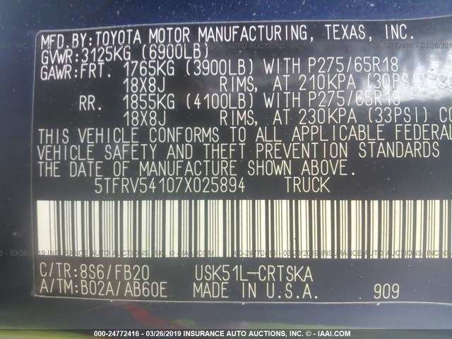 5TFRV54107X025894 - 2007 TOYOTA TUNDRA DOUBLE CAB SR5 BLUE photo 9