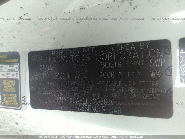 KNAFX6A82E5208630 - 2014 KIA FORTE EX WHITE photo 9