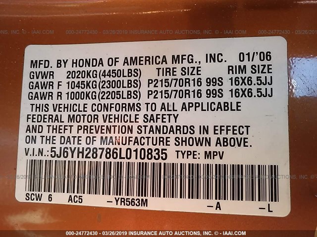 5J6YH28786L010835 - 2006 HONDA ELEMENT EX ORANGE photo 9