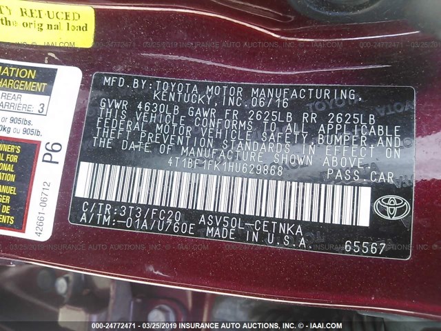 4T1BF1FK1HU629868 - 2017 TOYOTA CAMRY LE/XLE/SE/XSE RED photo 9