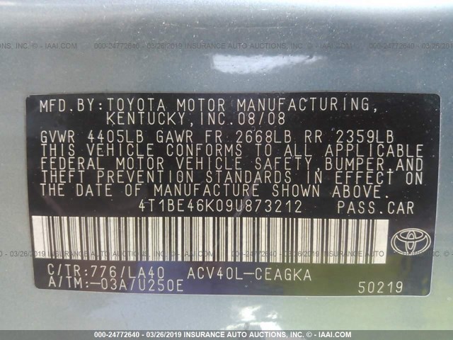 4T1BE46K09U873212 - 2009 TOYOTA CAMRY SE/LE/XLE TURQUOISE photo 9